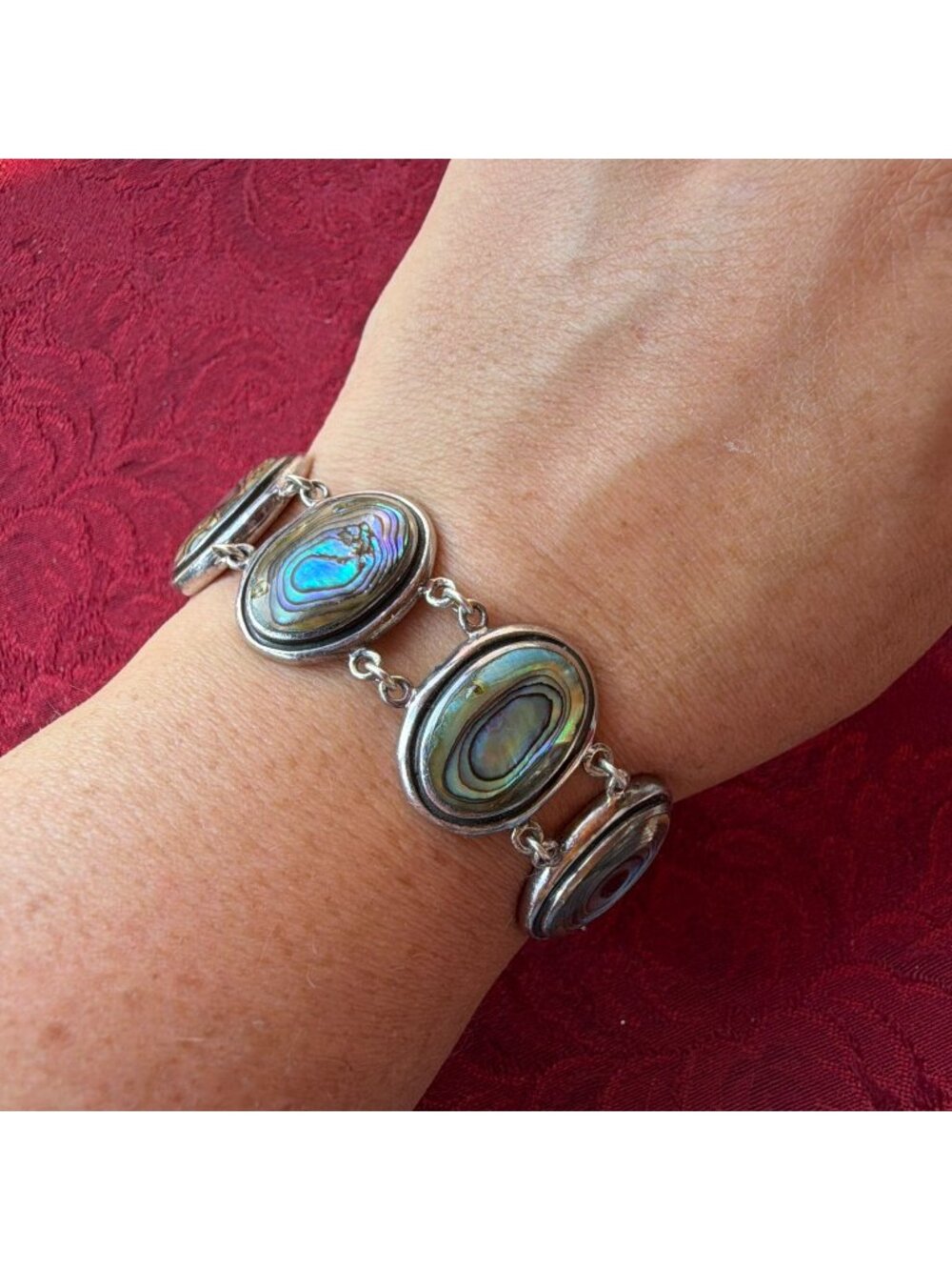 Vintage Sterling Silver 925 Abalone Shell Link Bracelet Floral Filigree Toggle